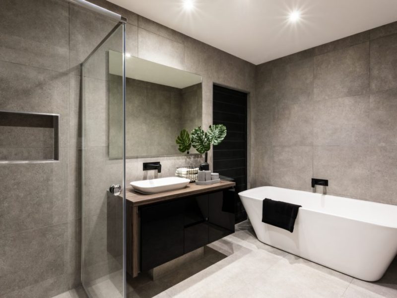 Modern bathroom with a shower area and bath tub including a wall mirror beside a fancy plant near a tap and sink over the wooden counter and dark cupboard